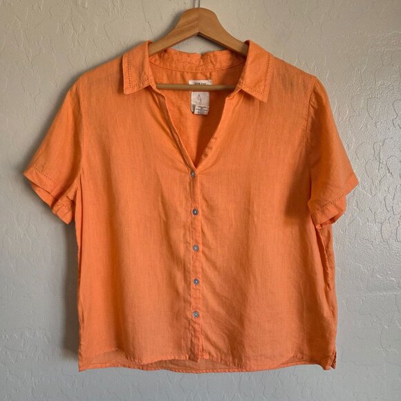 Joie 100% Linen Boxy Cropped Button Front Top Orange Women's Large Short Sleeves - Picture 1 of 9